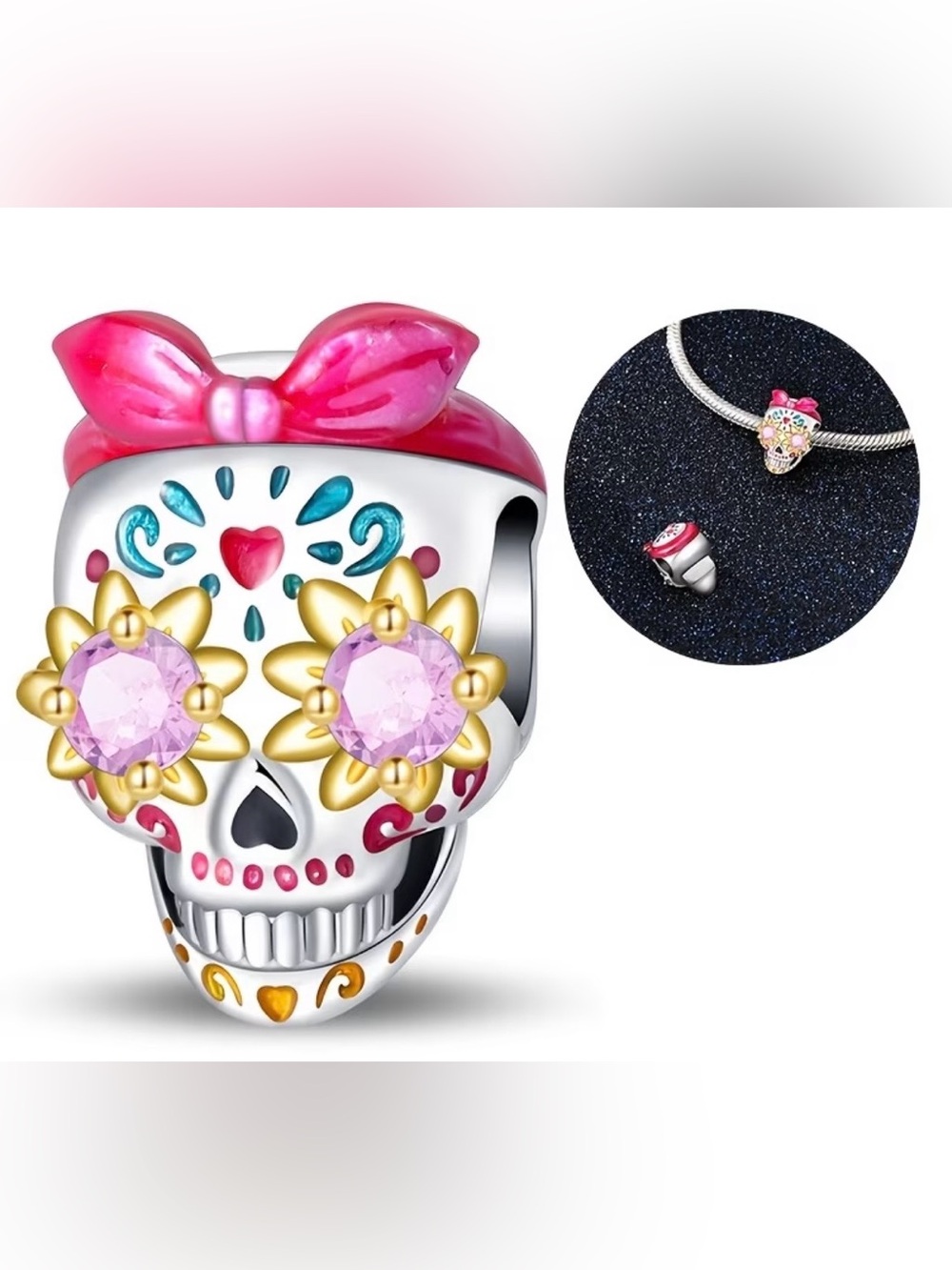 Sugar Skull Charm with Pink Bow and Pink Crystal Eyes | Day of the Dead Charm